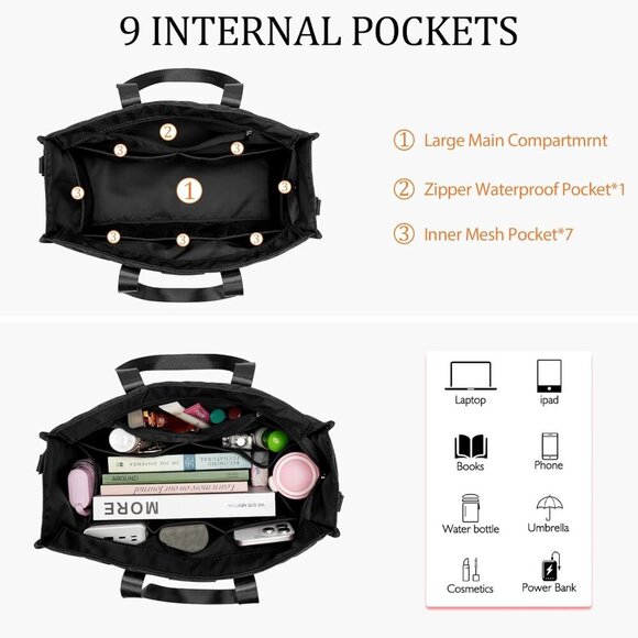 Water Resistant Tote Bag Nylon 17 Pockets Zipper Closure Work School Nurse - Picture 3 of 7